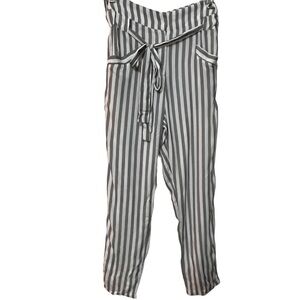 3/$30 STRIPED PAPER BAG HIGH WAIST PANTS XIX PALMS GRAY WHITE TIE RAYON SZ 1
